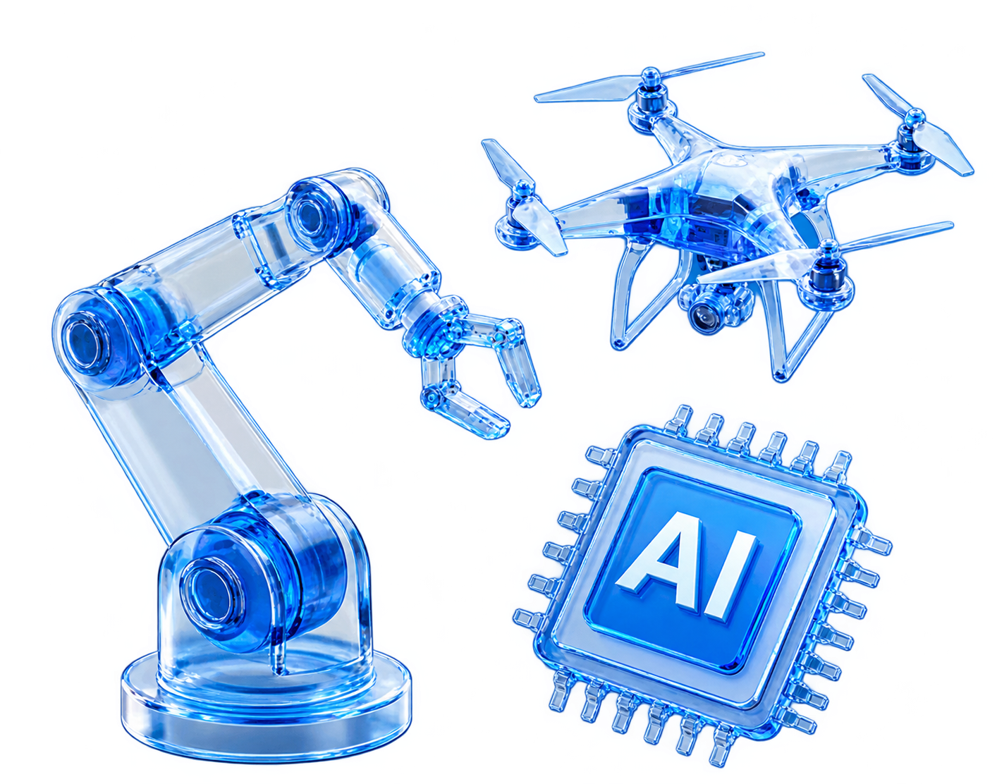 Futuristic robotic arm, drone and AI chip